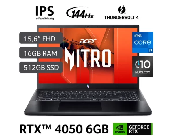 Laptop Gamer Acer Nitro V 15 de 15.6, modelo ANV15-51-711U, Intel Core i7 13620H (13va Gen), 10 núcleos, NVIDIA GeForce RTX 4050, 16GB RAM, disco sólido de 512GB